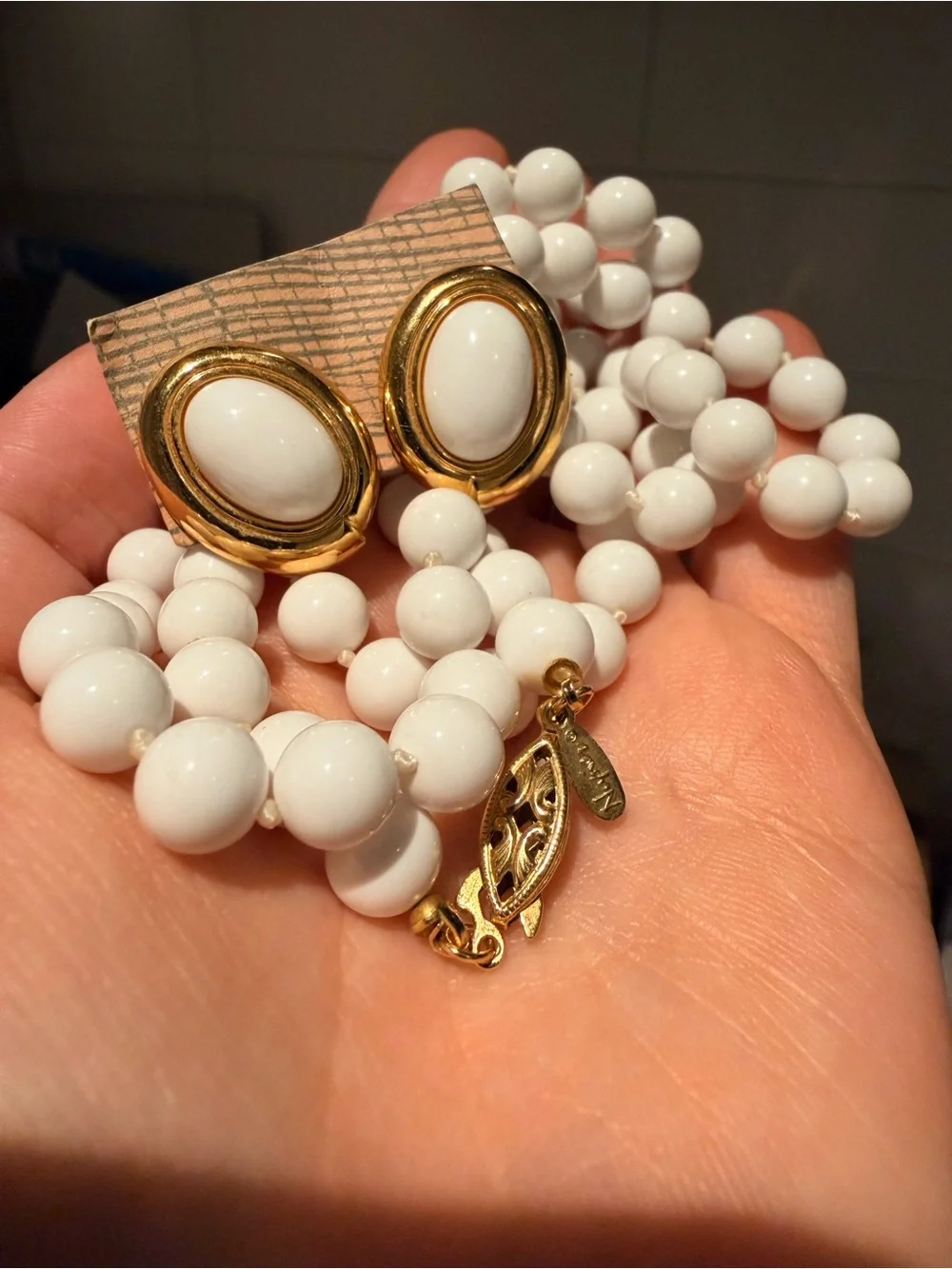 14.5 inch White Bead Napier Pearl Necklace and Monet Gold-Trim Oval Earrings Set